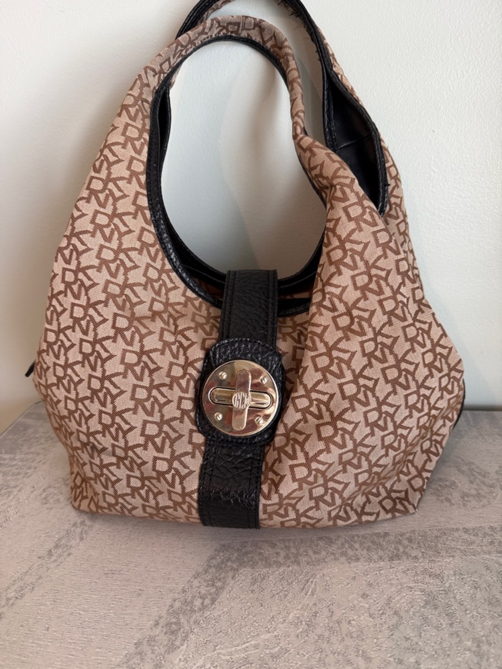 EUC DNKY Tan Patterned Hobo Bag with Black Trim